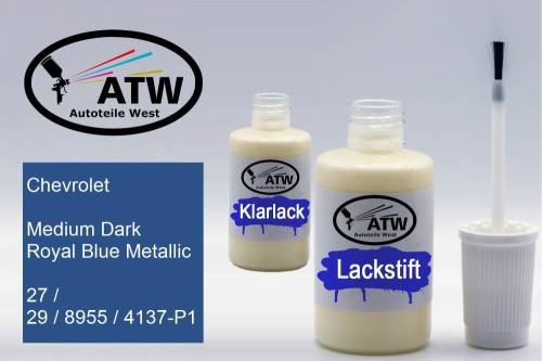 Chevrolet, Medium Dark Royal Blue Metallic, 27 / 29 / 8955 / 4137-P1: 20ml Lackstift + 20ml Klarlack - Set, von ATW Autoteile West.
